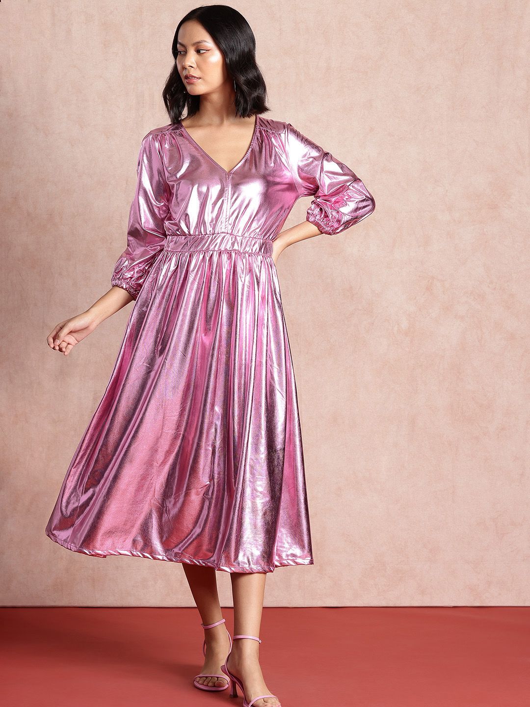 all about you Sheen Puff Sleeve Fit & Flare Midi Dress