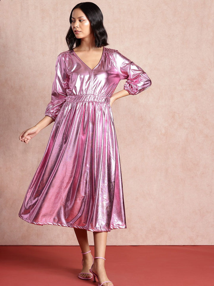 all about you Sheen Puff Sleeve Fit & Flare Midi Dress