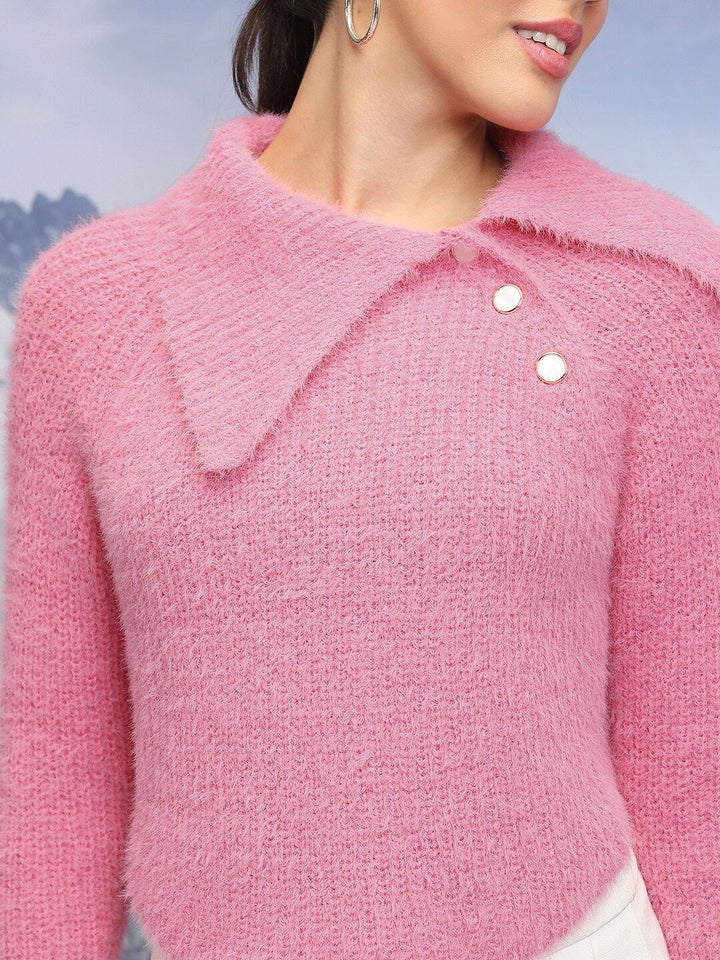 Tokyo Talkies Pink Abstract Self Design Asymmetric Collar Acrylic Pullover Crop Sweater