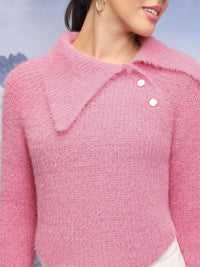 Tokyo Talkies Pink Abstract Self Design Asymmetric Collar Acrylic Pullover Crop Sweater