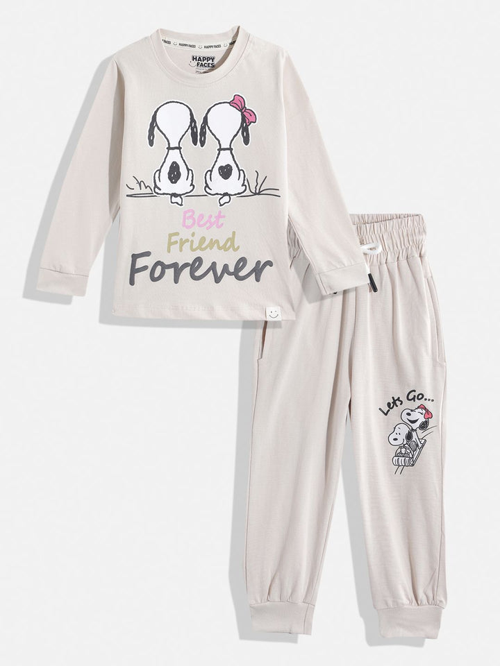 Happy Faces Girls Pure Cotton Peanuts Printed T-shirt with Joggers