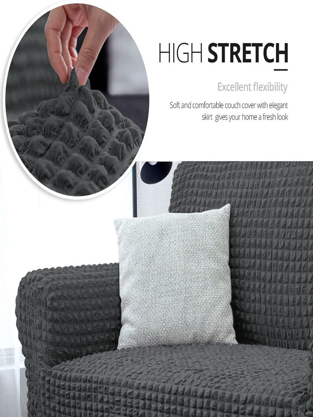 Cortina Grey Self Design Stretchble 1-Seater Sofa Cover with Skirt