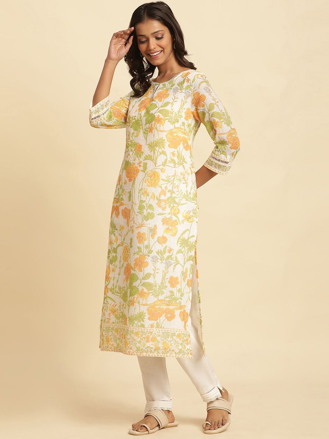 W Floral Printed Keyhole Neck Straight Kurta