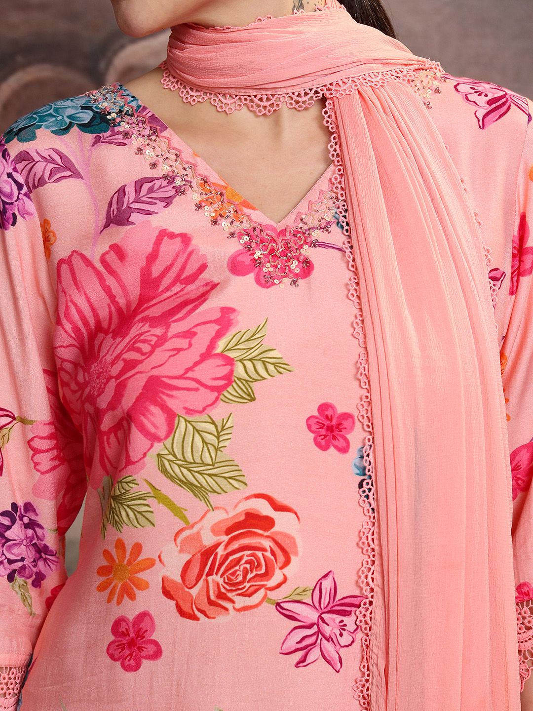 Vishudh Floral Printed Regular Beads and Stones Kurta with Trouser & Dupatta