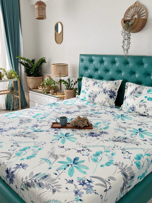 RUANG BANDAR Jamuan Bunga Bercetak 200 TC Kapas Tulen Cadar King &amp; 2 Sarung Bantal