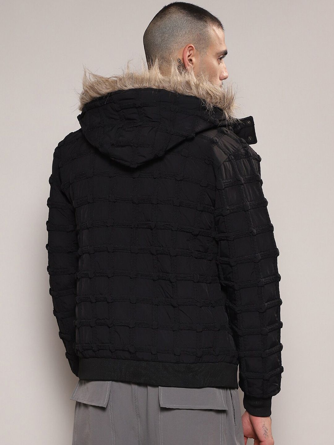Campus Sutra Self-Design Hooded Windcheater Puffer Jacket