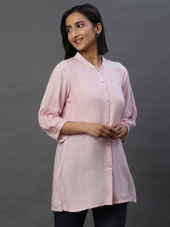AURELIA Geometric Woven Design Mandarin Collar Straight Kurti