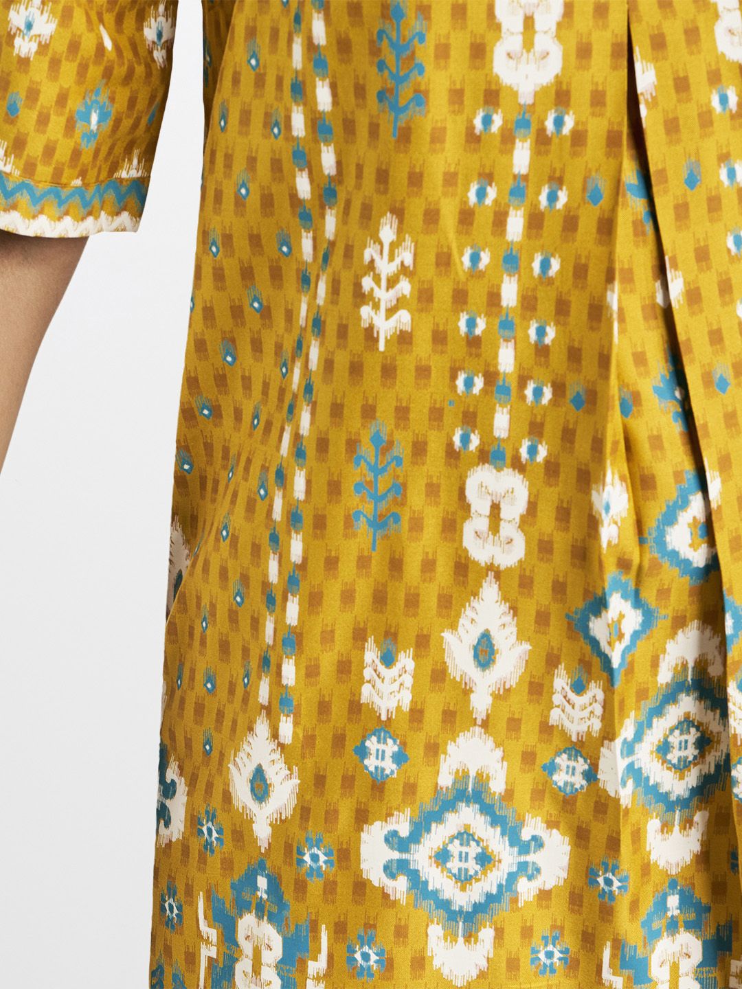 Global Desi Women Mustard Yellow Printed EcoVero A-Line Fusion Dress