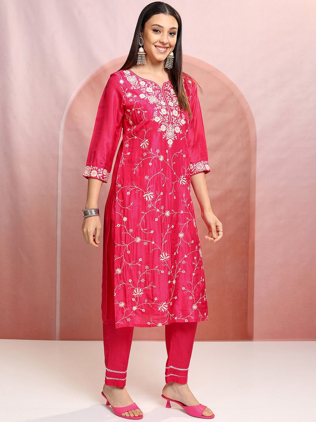 Vishudh Pink Floral Embroidered Thread Work Straight Kurta With Trousers & Dupatta