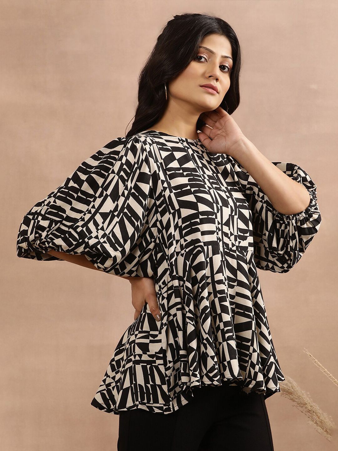 W Beige & Black Geometric Printed A-Line Top