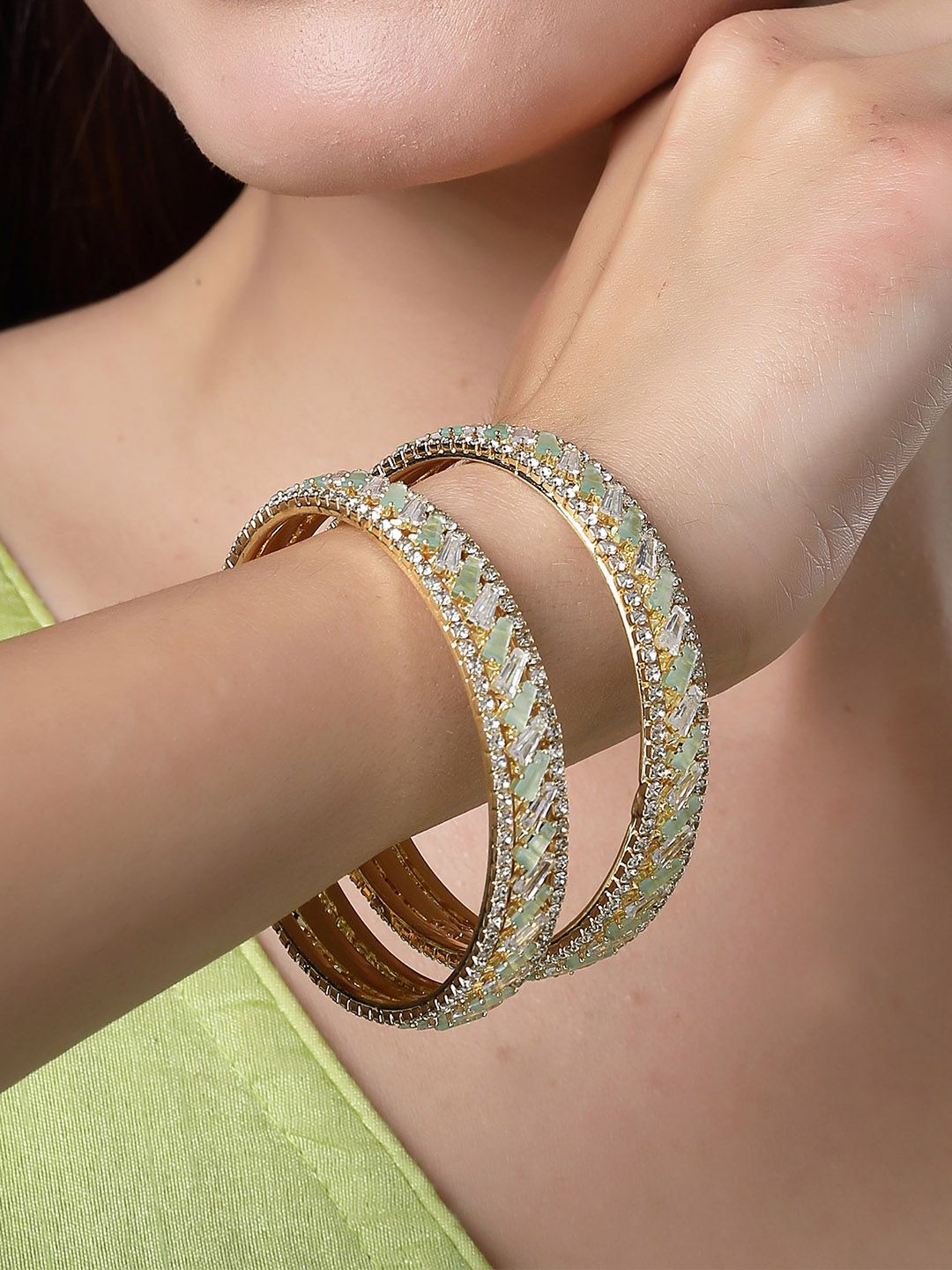 KARATCART Set Of 2 Gold Plated & AD Studded Bangles