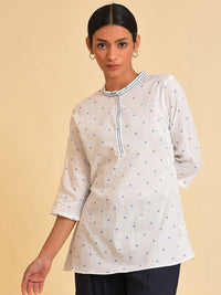 W White Geometric Print Mandarin Collar Cotton Top
