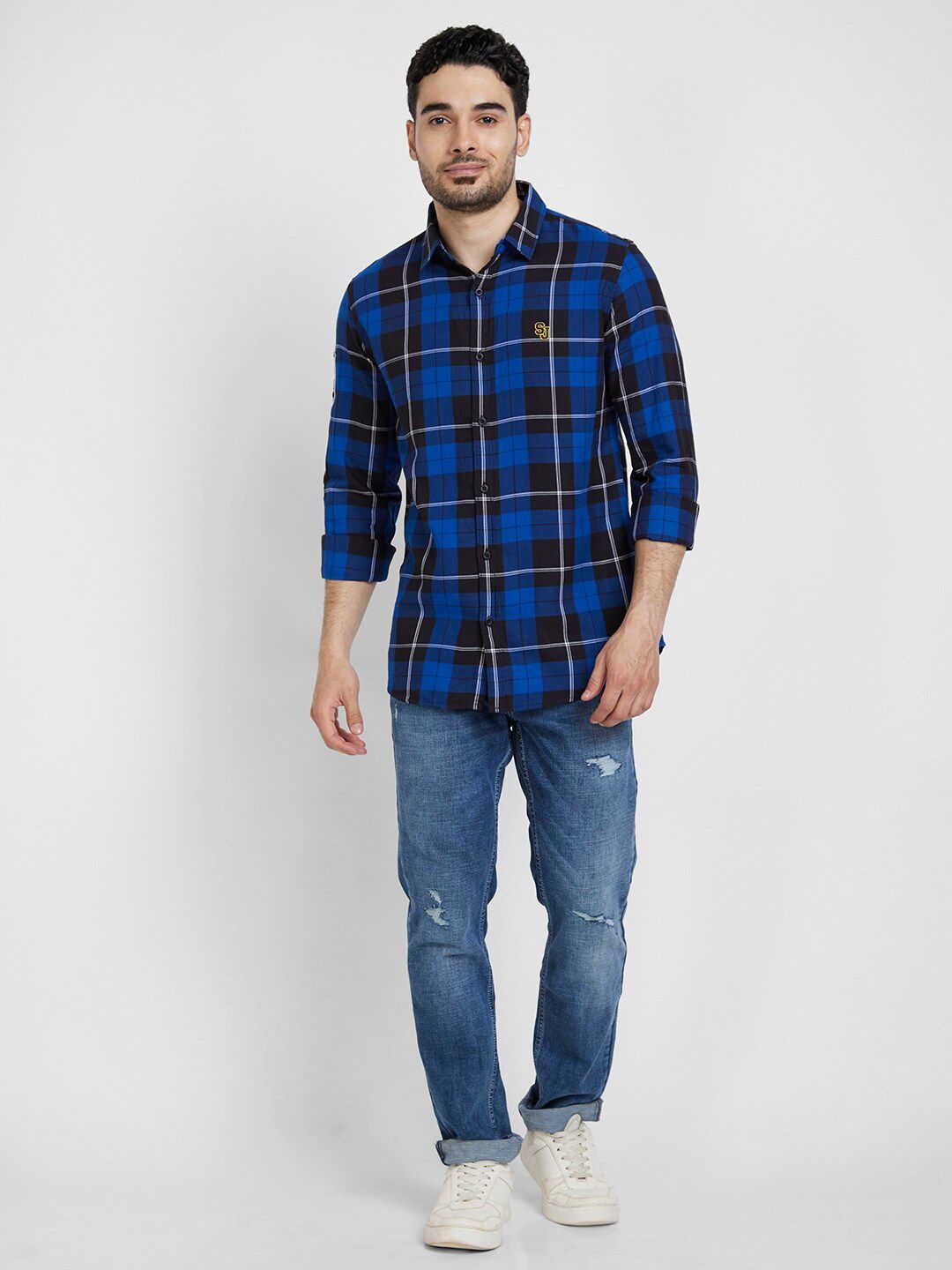 SPYKAR Classic Tartan Checks Opaque Cotton Linen Casual Shirt