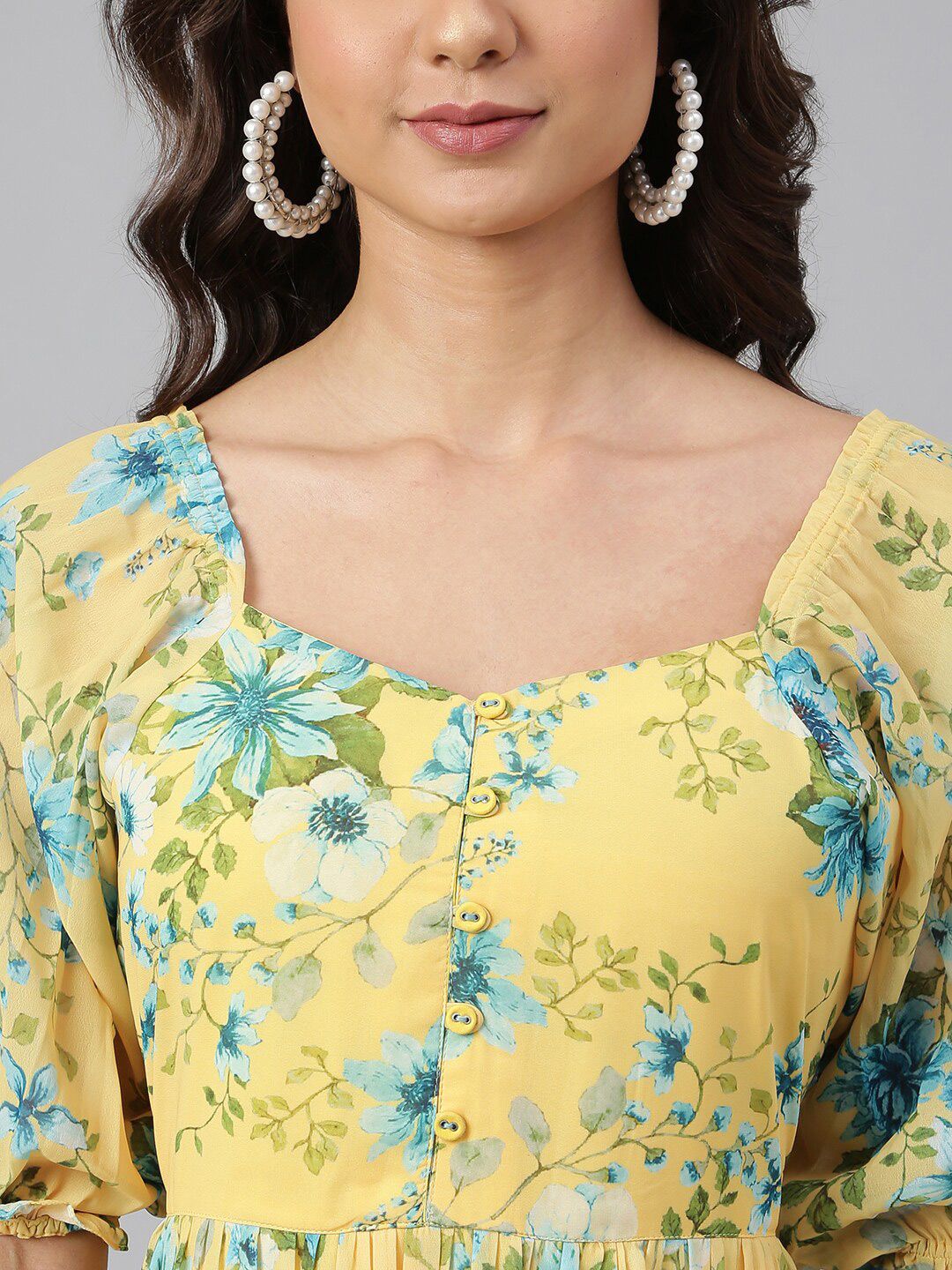 Janasya Women Yellow Georgette Floral Printed Flared Dress