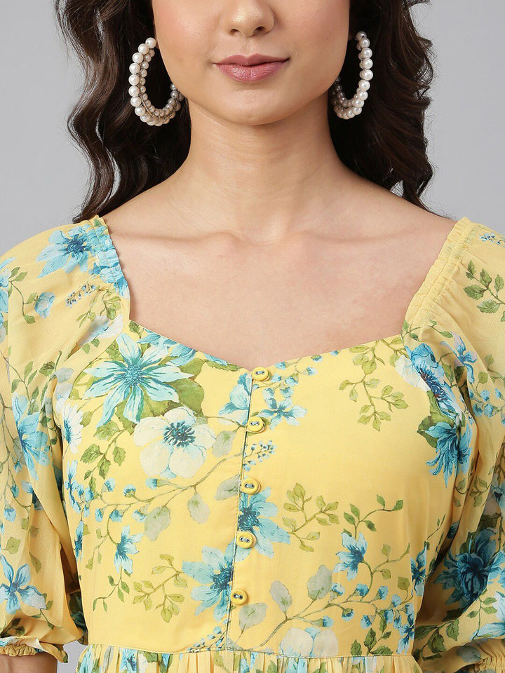 Janasya Women Yellow Georgette Floral Printed Flared Dress