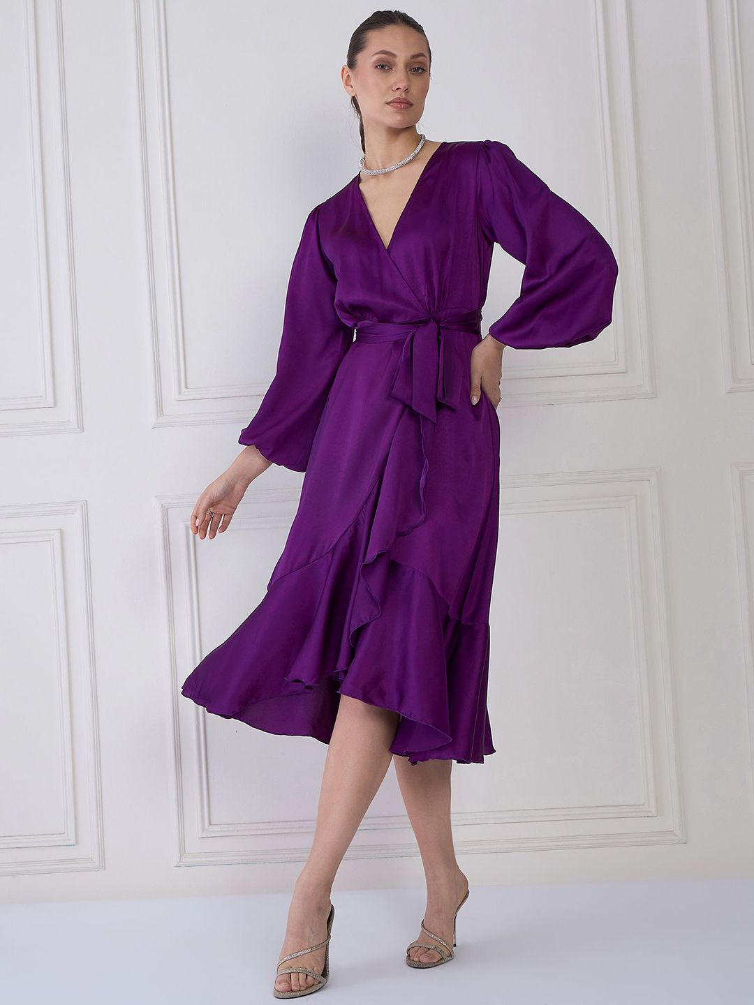 Antheaa Purple V-Neck Cuffed Sleeves Layered Satin Midi Wrap Dress