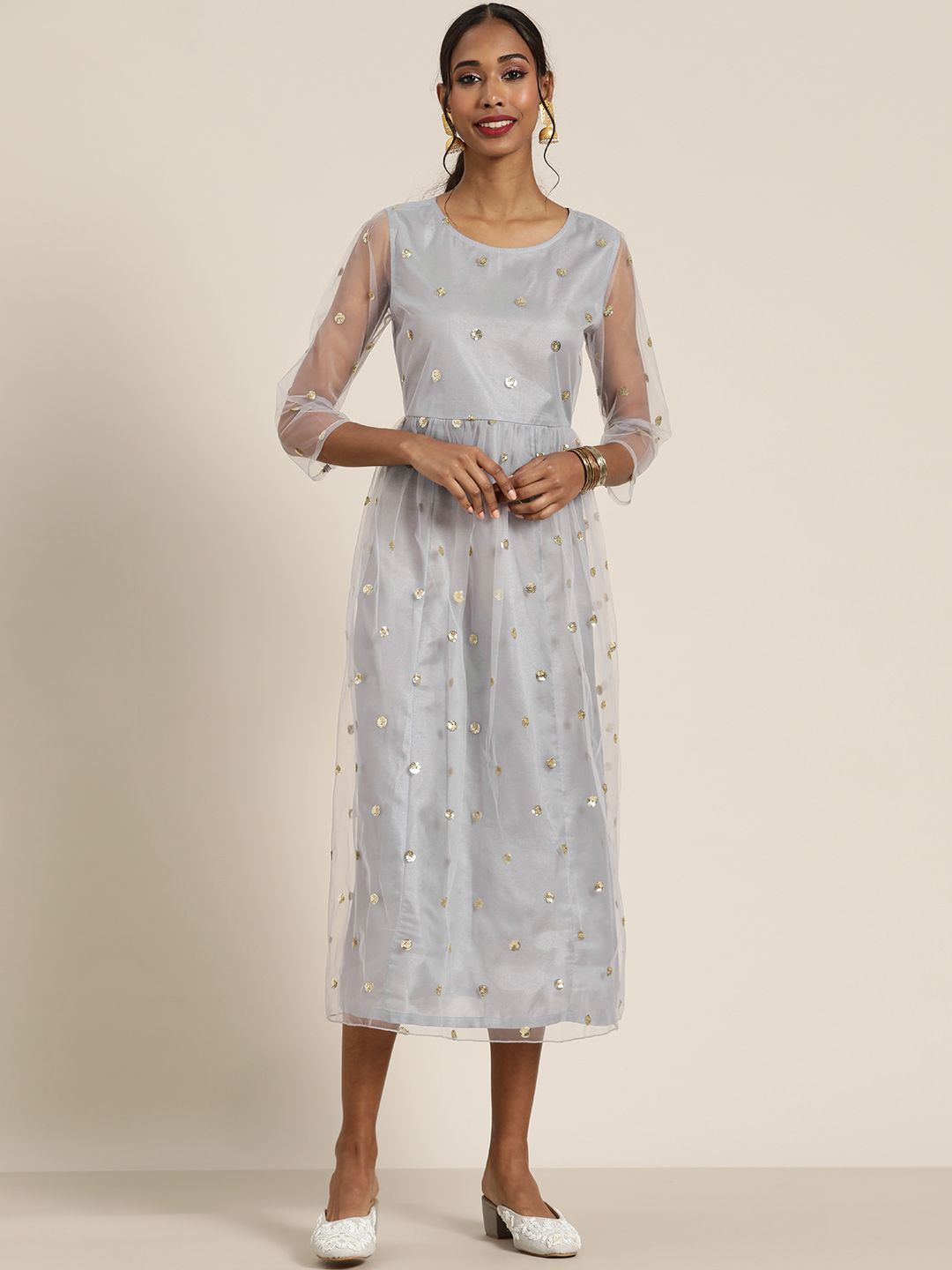 Shae oleh Sassafras Grey & Gold-toned Ethnic A-line Midi Dress