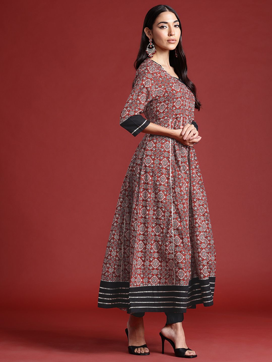 Anouk Women Ethnic Motifs Printed Angrakha Pure Cotton Kurta with Trousers & Dupatta
