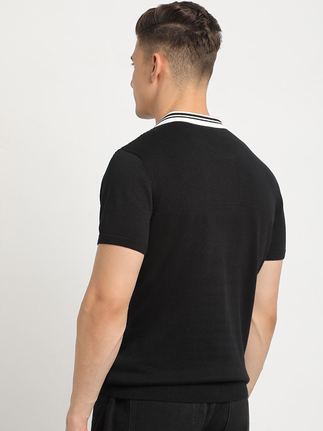 THE BEAR HOUSE Self Design Polo Collar Cotton T-shirt
