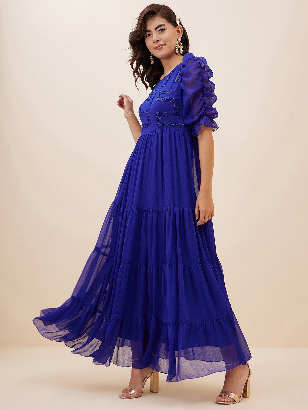 Antheaa Embellished Puff Sleeves Chiffon Fit and Flare Maxi Dress