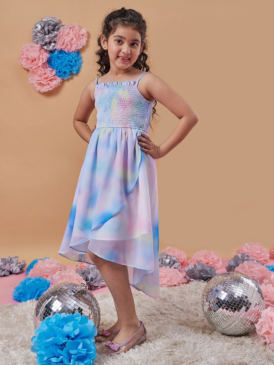 pspeaches Girls Tie & Dye Shoulder Strap Georgette Fit & Flare Midi Dress