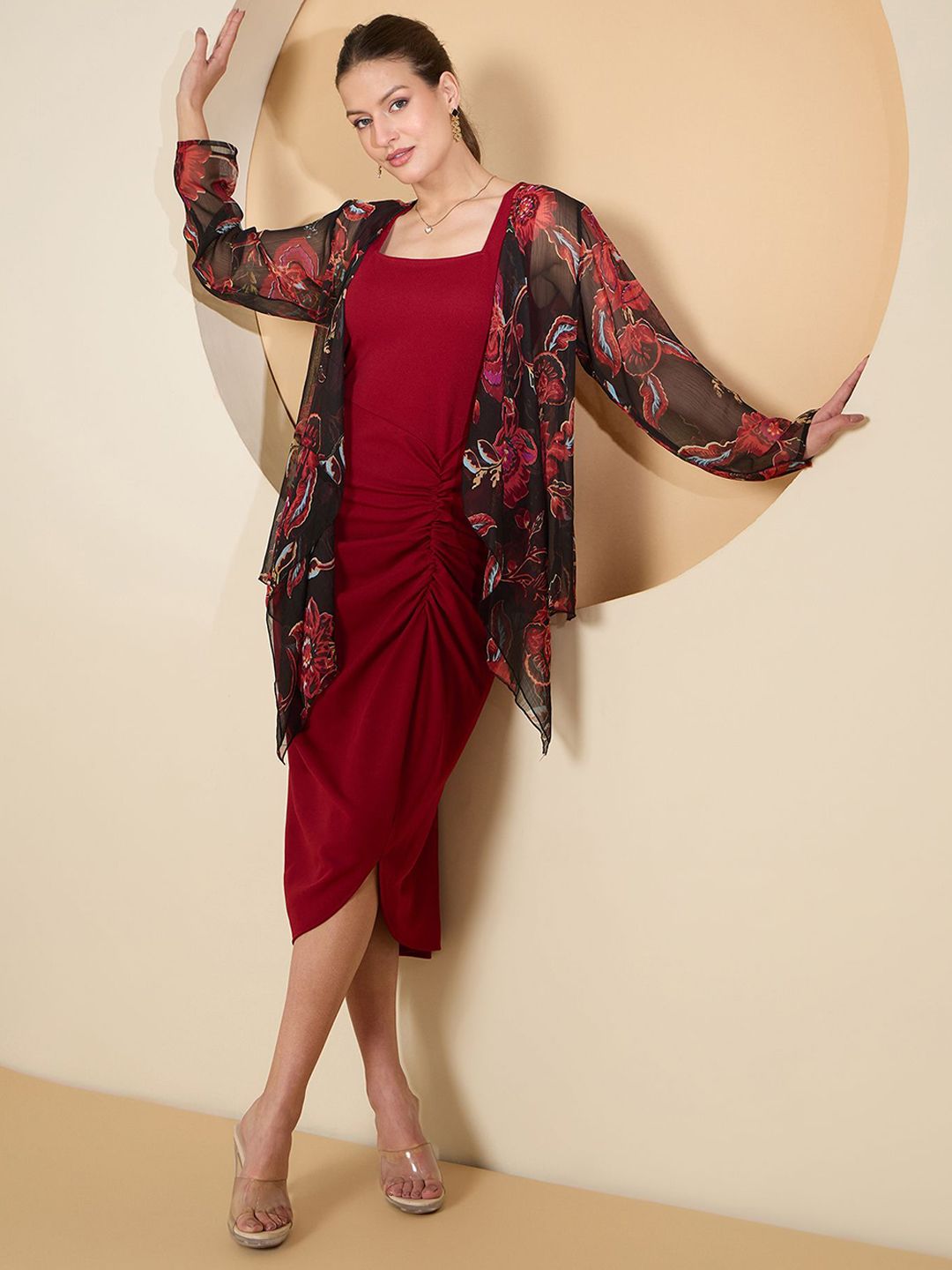 Antheaa Maroon Square Neck Bodycon Midi Dress With Shrug