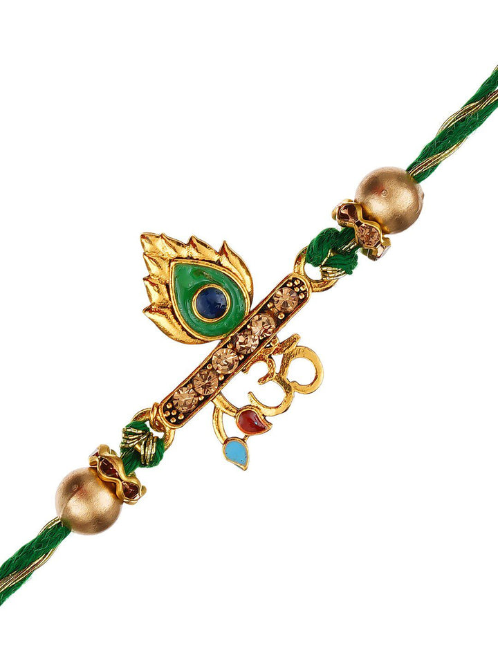 eCraftIndia Green Om & Peacock Feather Religious Rakhi with Roli Chawal