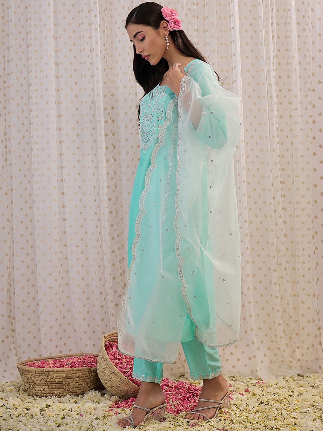 Indo Era Floral Embroidered Sequinned Straight Kurta With Trousers & Dupatta