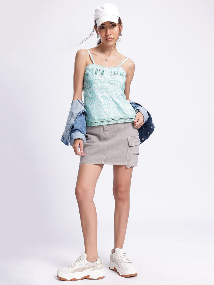 DressBerry Pleated Perfection Smocked Lace Inserts Printed Top
