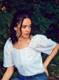 SASSAFRAS White Self Design Square Neck Puff Sleeves Pure Cotton Schiffli Top
