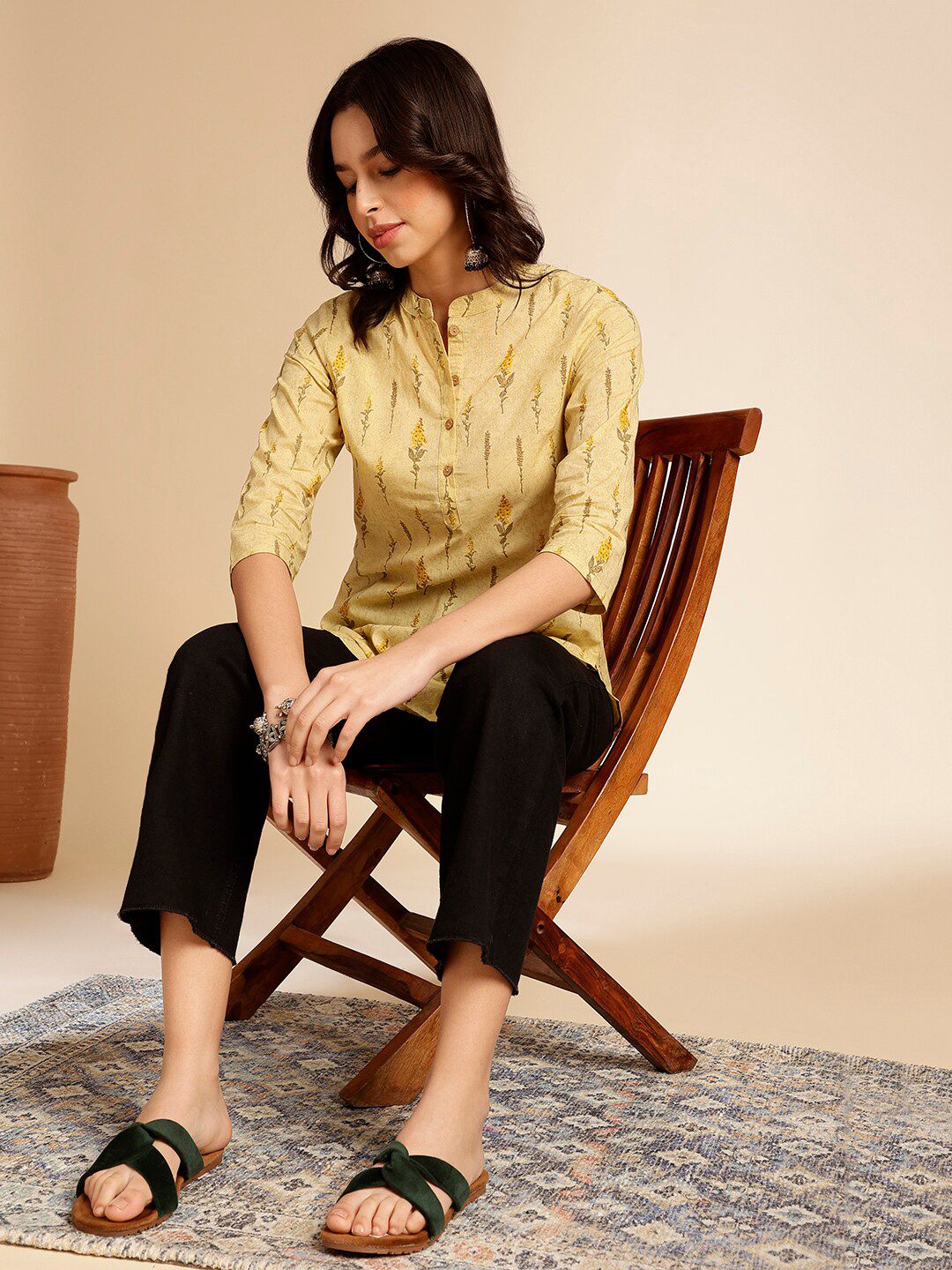 Anouk Mustard Yellow Botanical Printed Mandarin Collar Pure Cotton Short Kurti