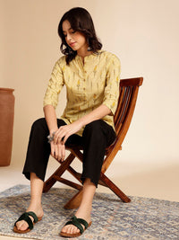 Anouk Mustard Yellow Botanical Printed Mandarin Collar Pure Cotton Short Kurti