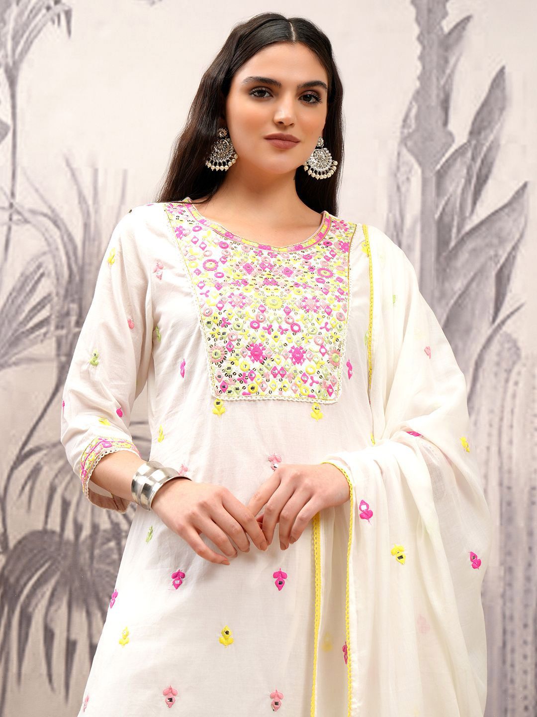 Vishudh Floral Printed Thread Work Pure Cotton Straight Kurta & Trousers With Dupatta