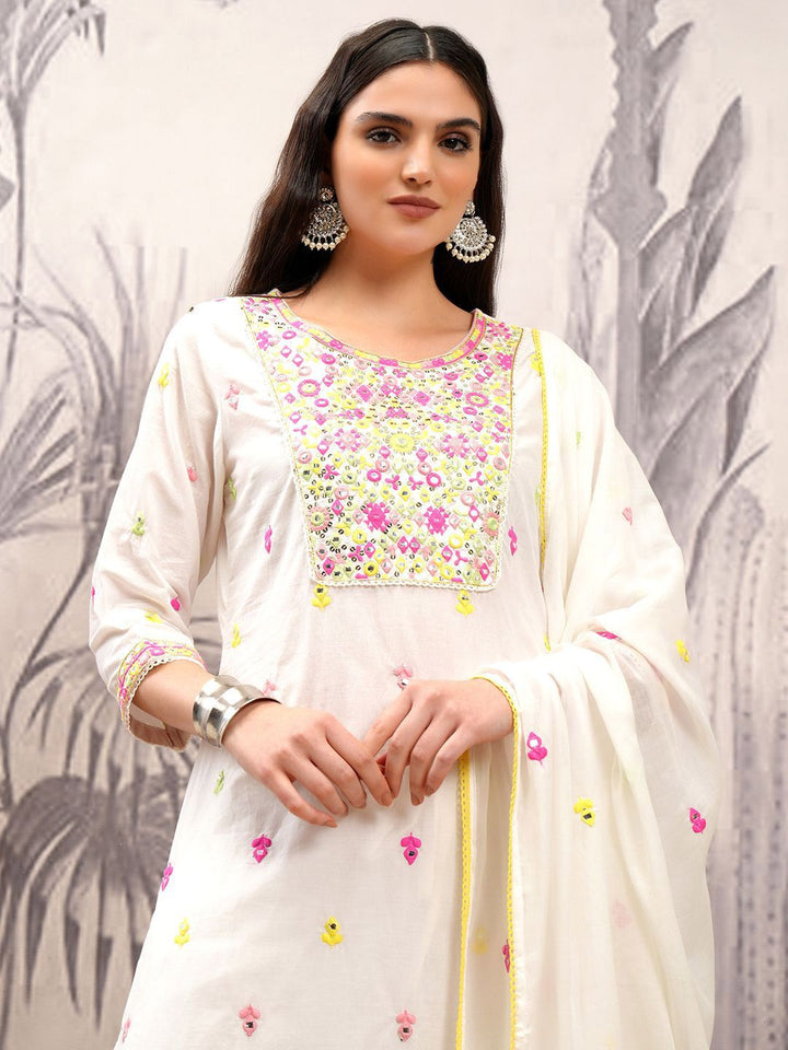 Vishudh Floral Printed Thread Work Pure Cotton Straight Kurta & Trousers With Dupatta