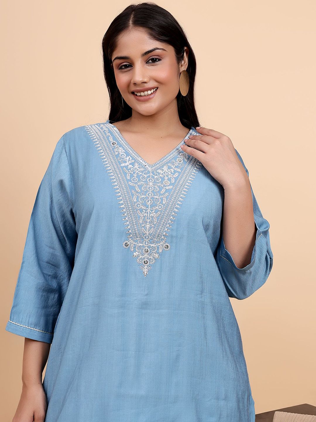 Bani Women Plus Size Etnic Motifs Embroidered V-Neck Tunic With Trousers