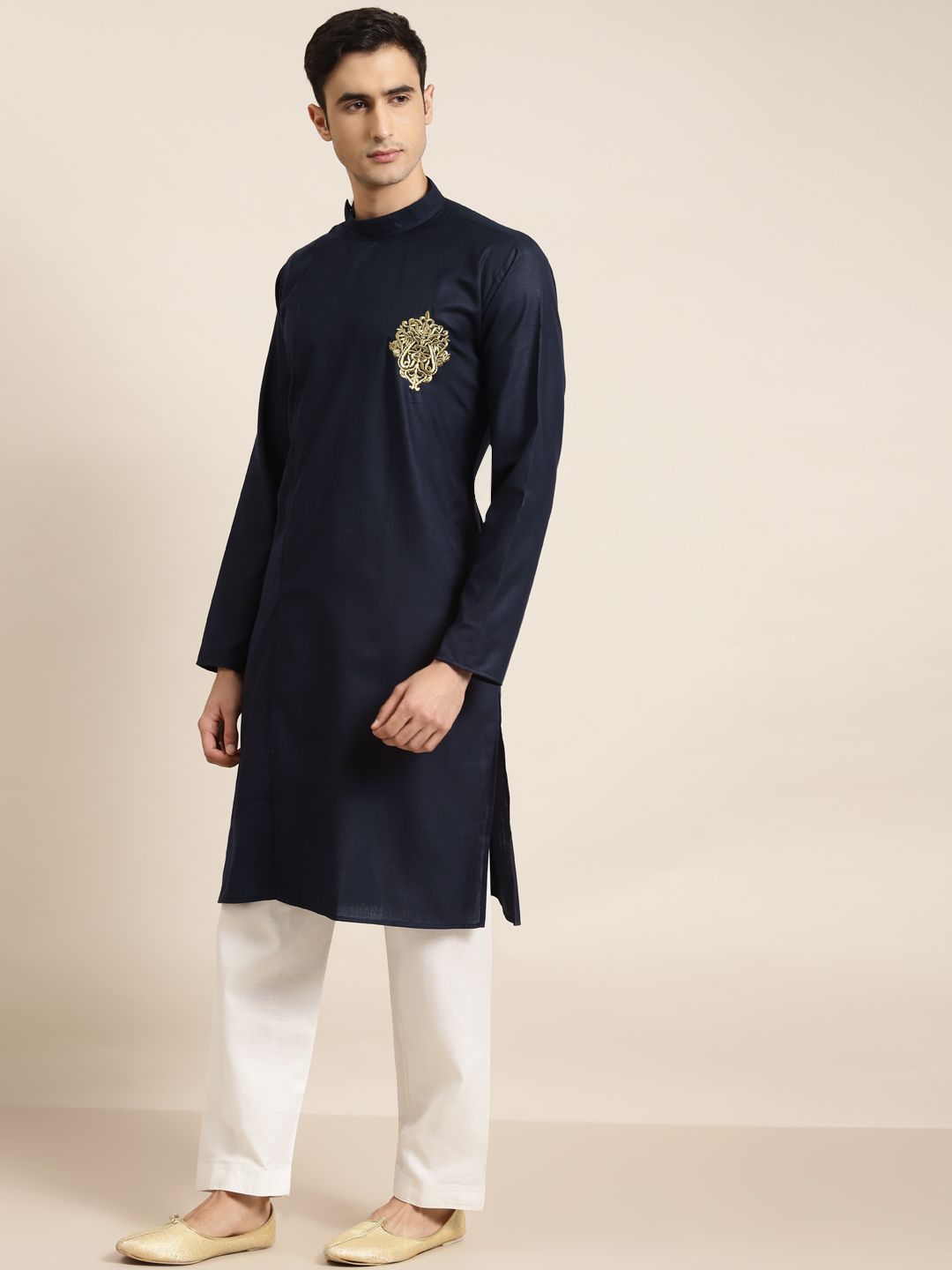 SOJANYA Men Navy Blue Thread Work Indigo Pure Cotton Straight Kurta