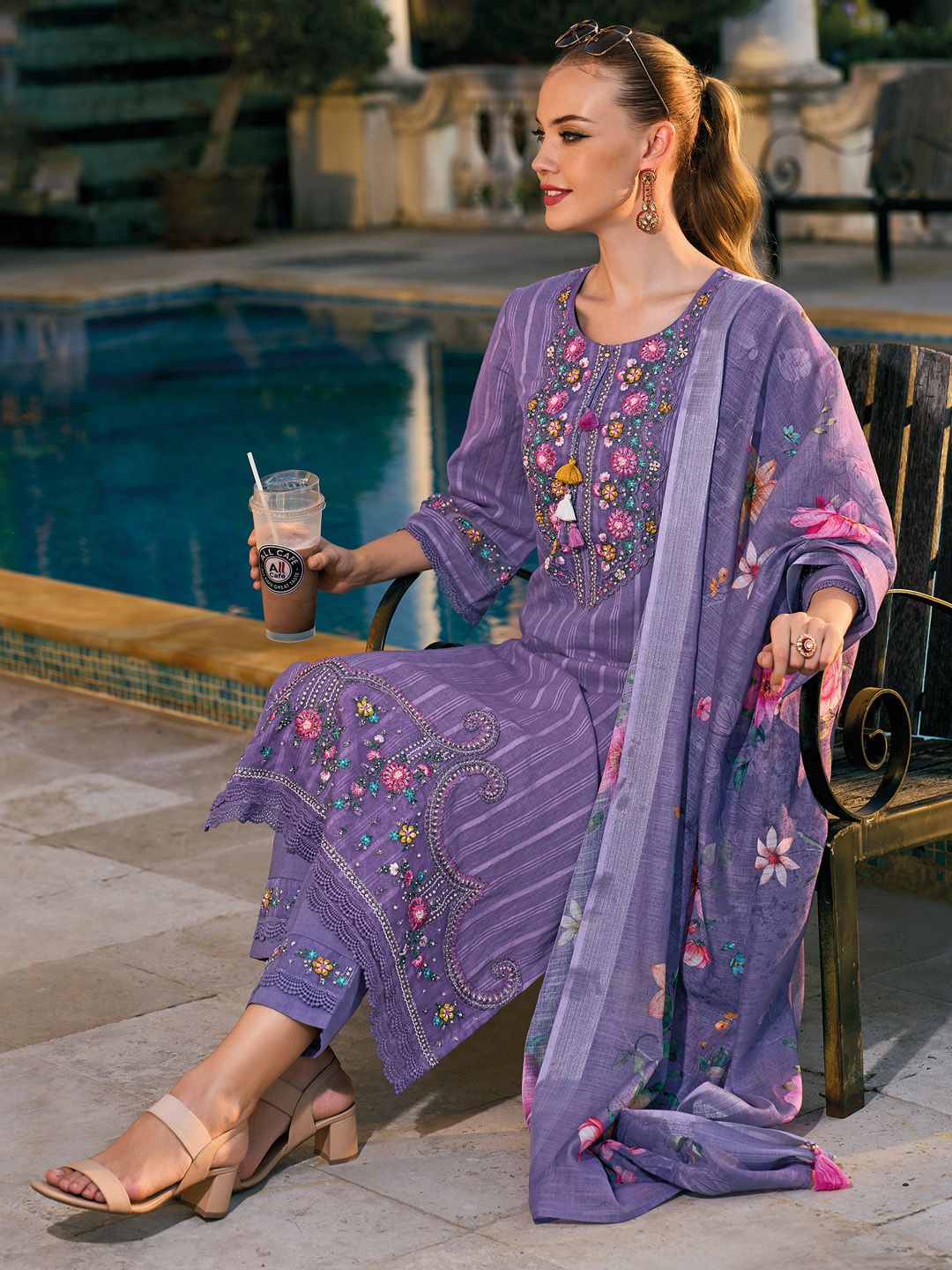 Indo Era Floral Embroidered Regular Thread Work Pure Cotton Kurta With Trousers & Dupatta