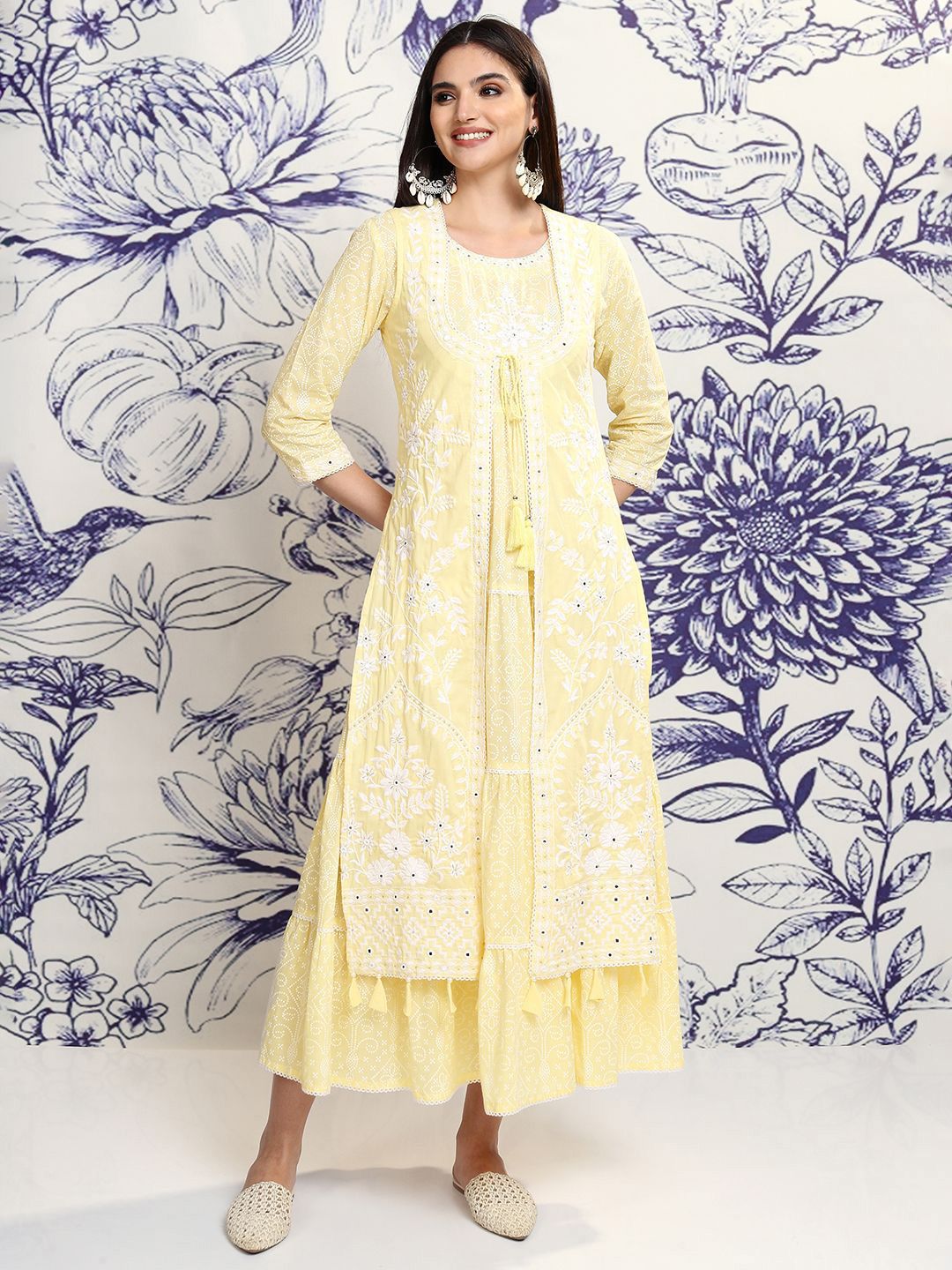 Vishudh Yellow Floral Embroidered Tiered Cotton Midi Fit & Flare Dress With Shrug