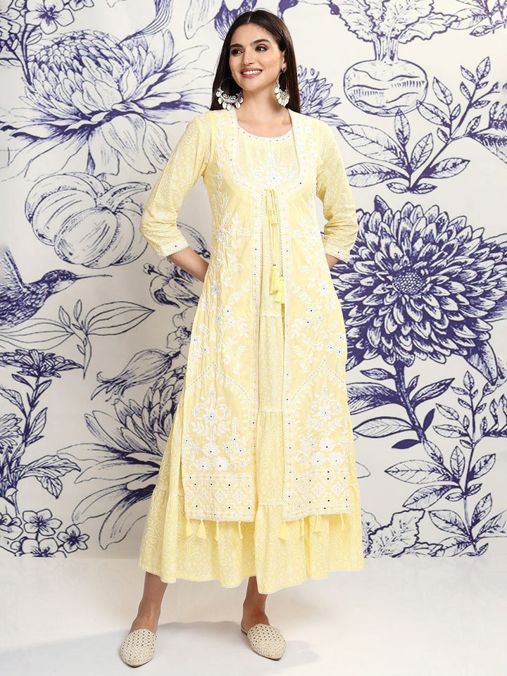 Vishudh Yellow Floral Embroidered Tiered Cotton Midi Fit & Flare Dress With Shrug