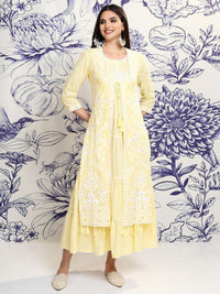 Vishudh Yellow Floral Embroidered Tiered Cotton Midi Fit & Flare Dress With Shrug