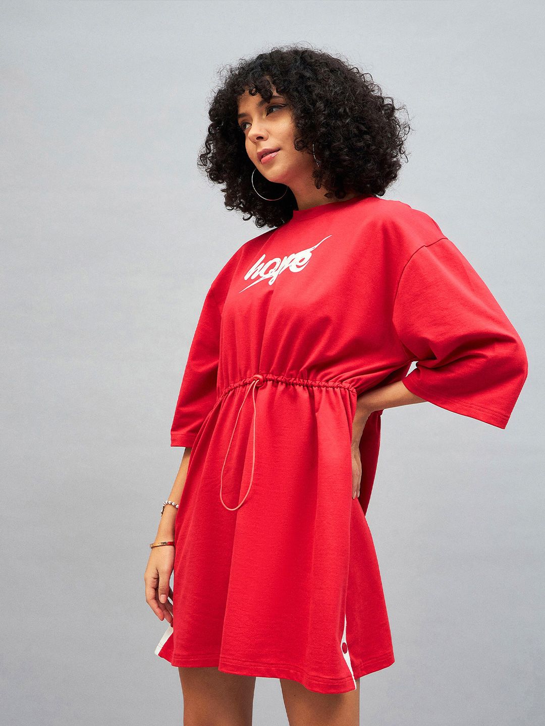 SASSAFRAS Red Knitted Hope Typography Printed Cotton T-shirt Mini Dress