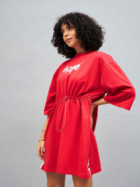 SASSAFRAS Red Knitted Hope Typography Printed Cotton T-shirt Mini Dress