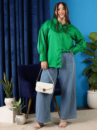 CURVY STREET Plus Size Comfort Oversized Puffed Sleeves Satin Casual Shirt