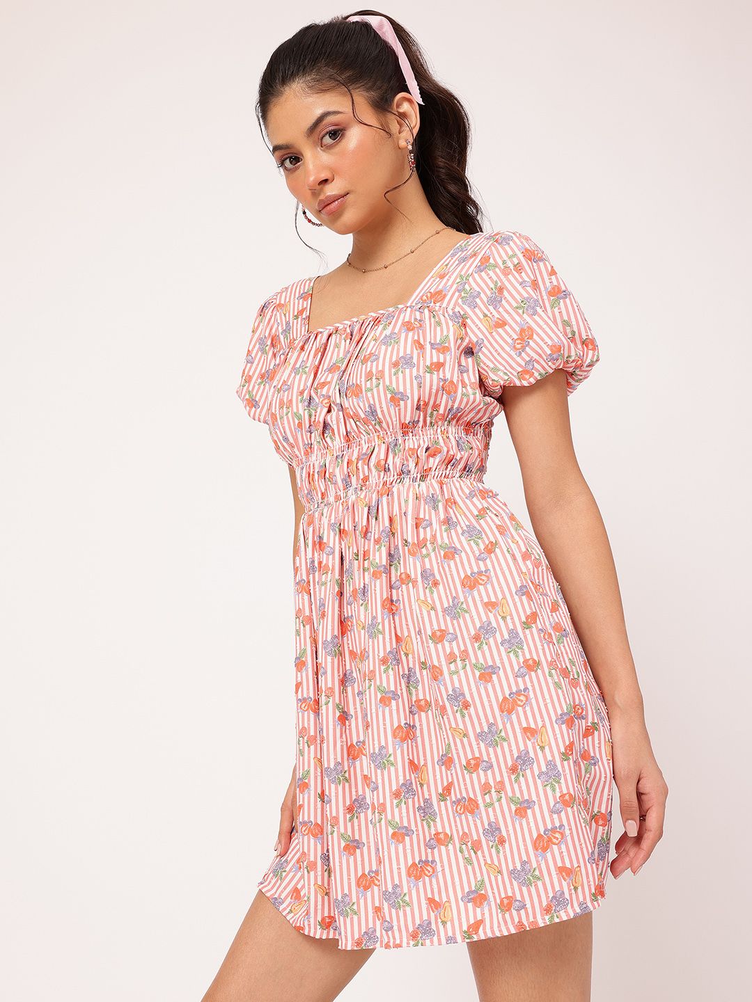 DressBerry Floral Frenzy Striped Dobby Weave Smocked A-Line Mini Dress