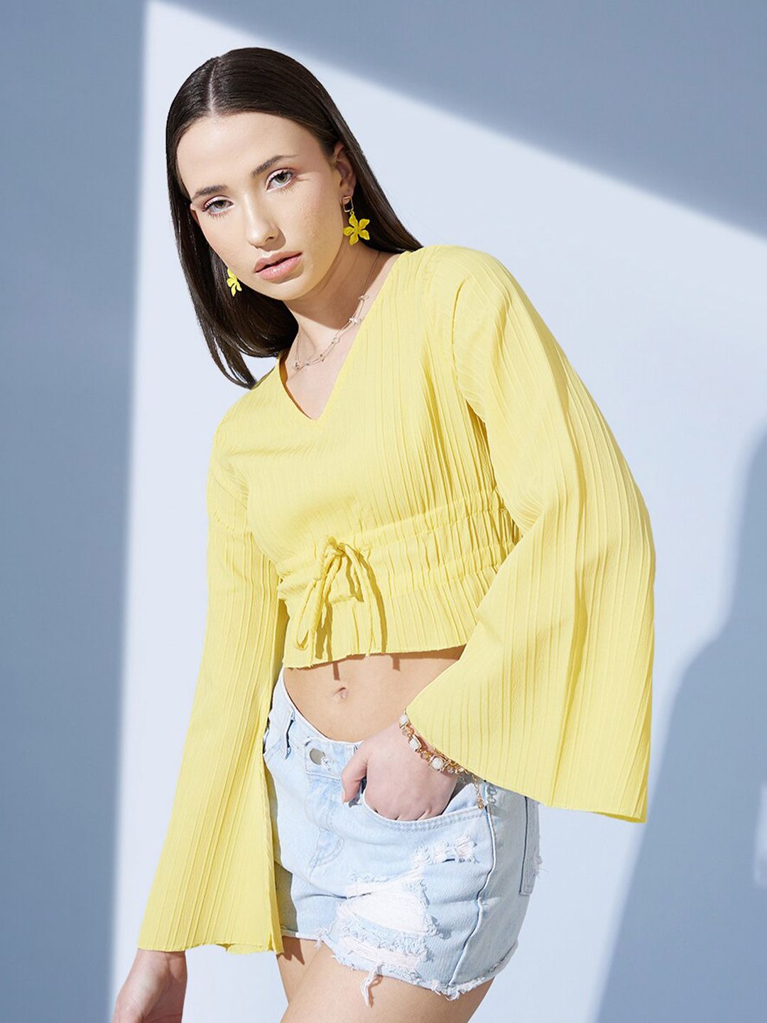 STREET 9 Pure Cotton Yellow Striped Bell Sleeves Cinched Waist Crop Top