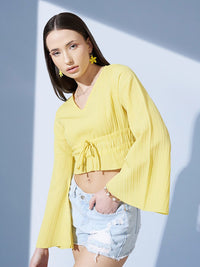 STREET 9 Pure Cotton Yellow Striped Bell Sleeves Cinched Waist Crop Top