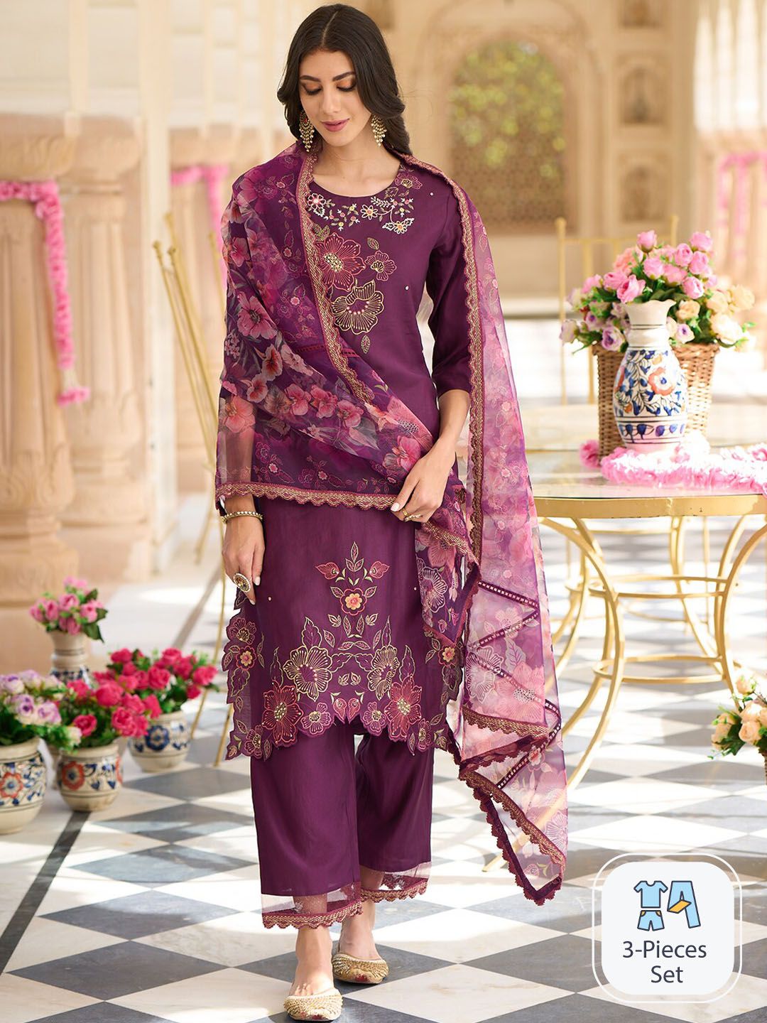 Indo Era Floral Embroidered Regular Thread Work Kurta With Trousers & Dupatta