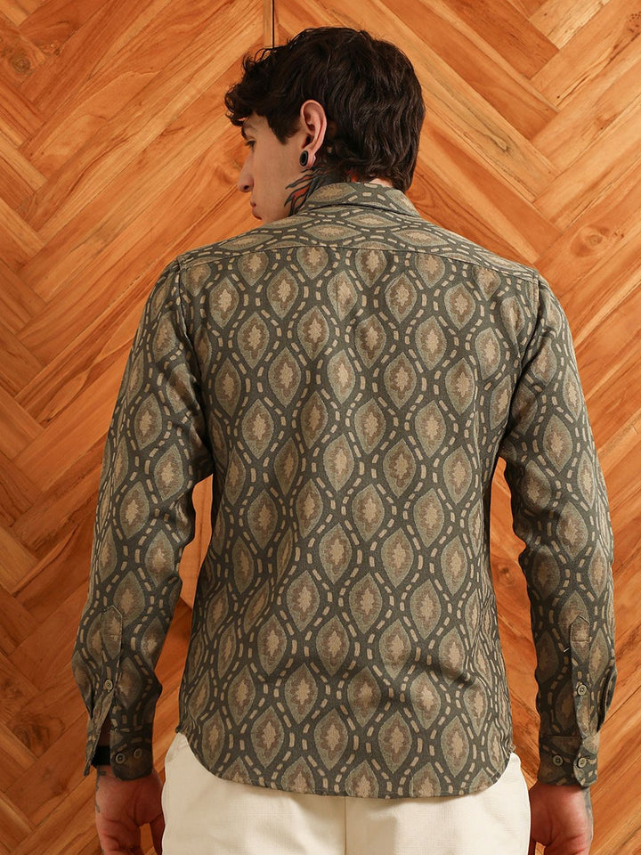 Campus Sutra Men Comfort Fit Ethnic Motifs Printed Spread Collar Cotton Casual Shirt