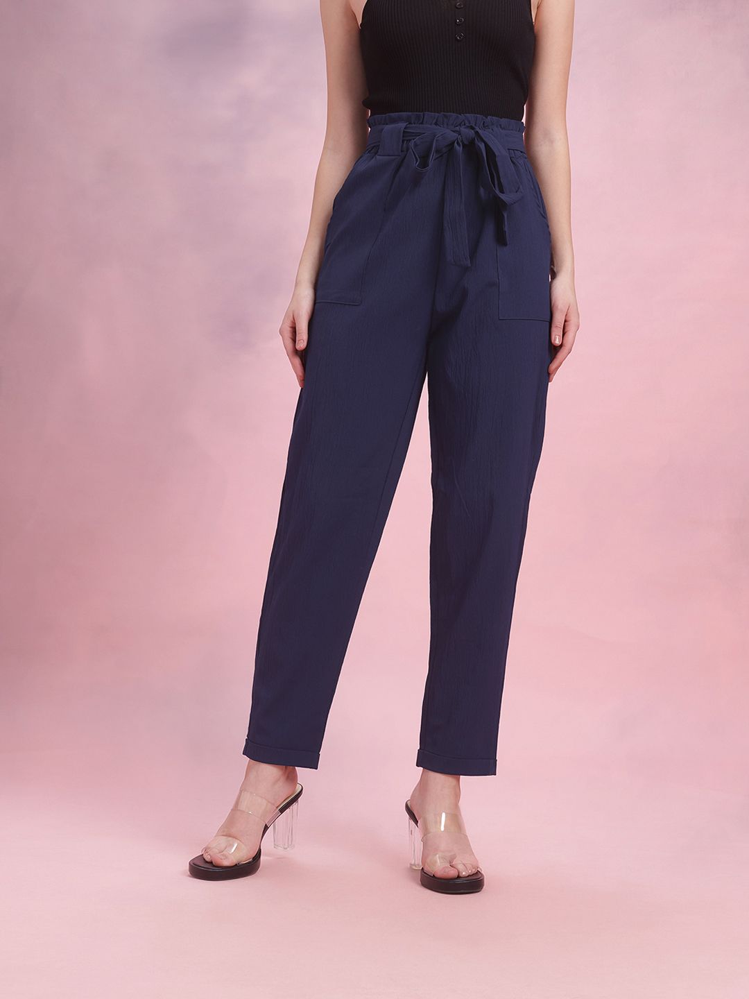 DressBerry Women Crinkled Belted Trousers