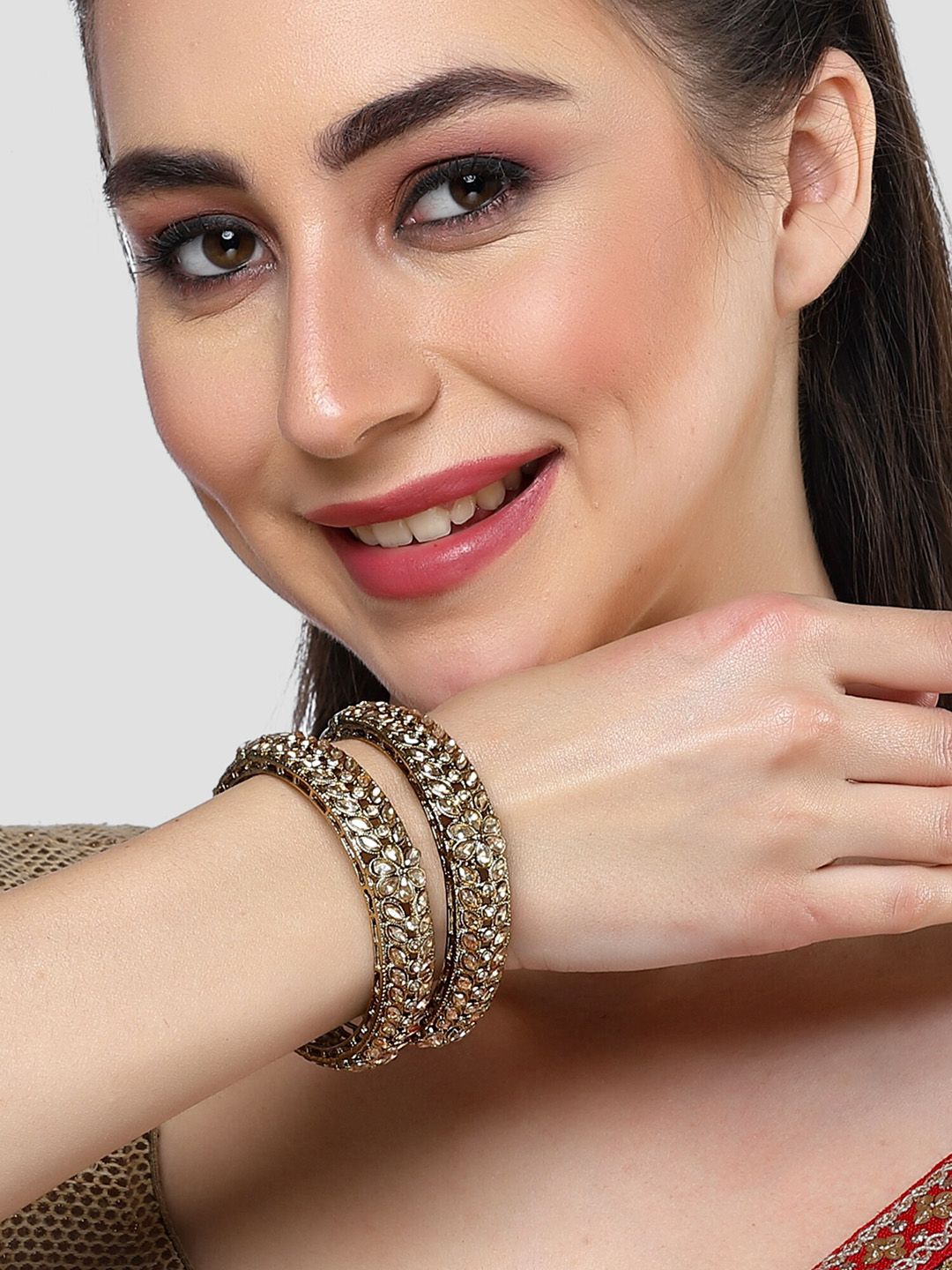 KARATCART Set Of 2 Gold-Plated Kundan Studded Bangles